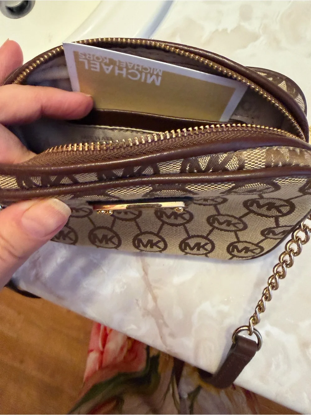 Michael Kors Tan/Brown Signature MK Crossbody with Gold Plate